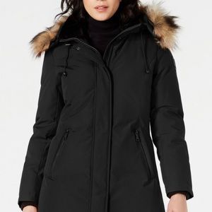 Vince Camuto Womens Down Parka Coat Black XS Hooded Faux-Fur-Trim